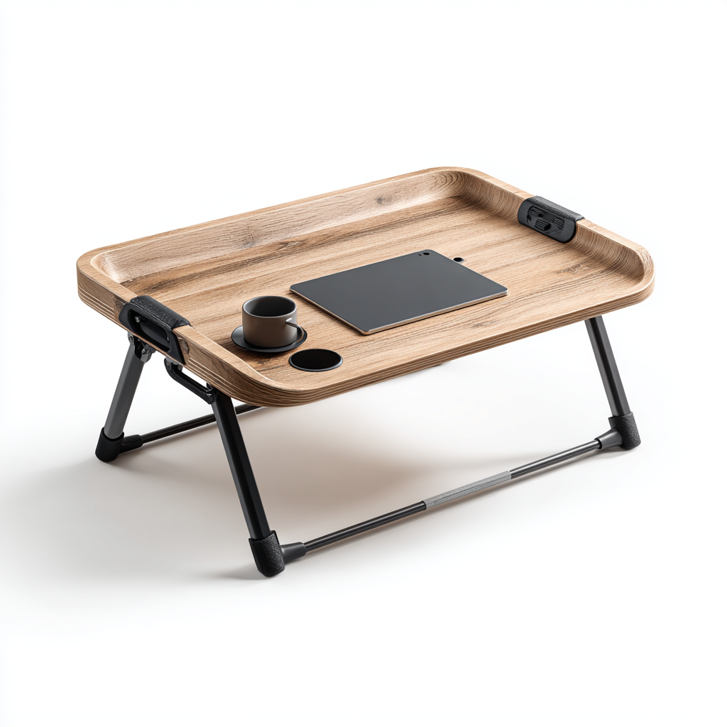 Vuxia Foldable Bed Desk - Portable Laptop Stand for Bed and Sofa - Ergonomic Curved Laptop Table with Tablet Slot & Cup Holder - Light Oak Wood