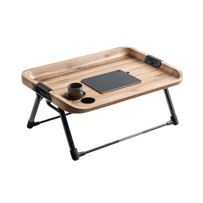 Vuxia Foldable Bed Desk - Portable Laptop Stand for Bed and Sofa - Ergonomic Curved Laptop Table with Tablet Slot & Cup Holder - Light Oak Wood