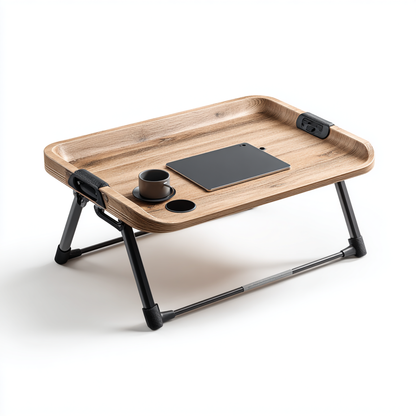 Vuxia Foldable Bed Desk - Portable Laptop Stand for Bed and Sofa - Ergonomic Curved Laptop Table with Tablet Slot & Cup Holder - Light Oak Wood