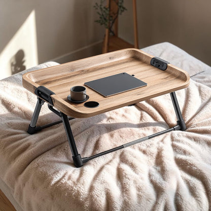 Vuxia Foldable Bed Desk - Portable Laptop Stand for Bed and Sofa - Ergonomic Curved Laptop Table with Tablet Slot & Cup Holder - Light Oak Wood